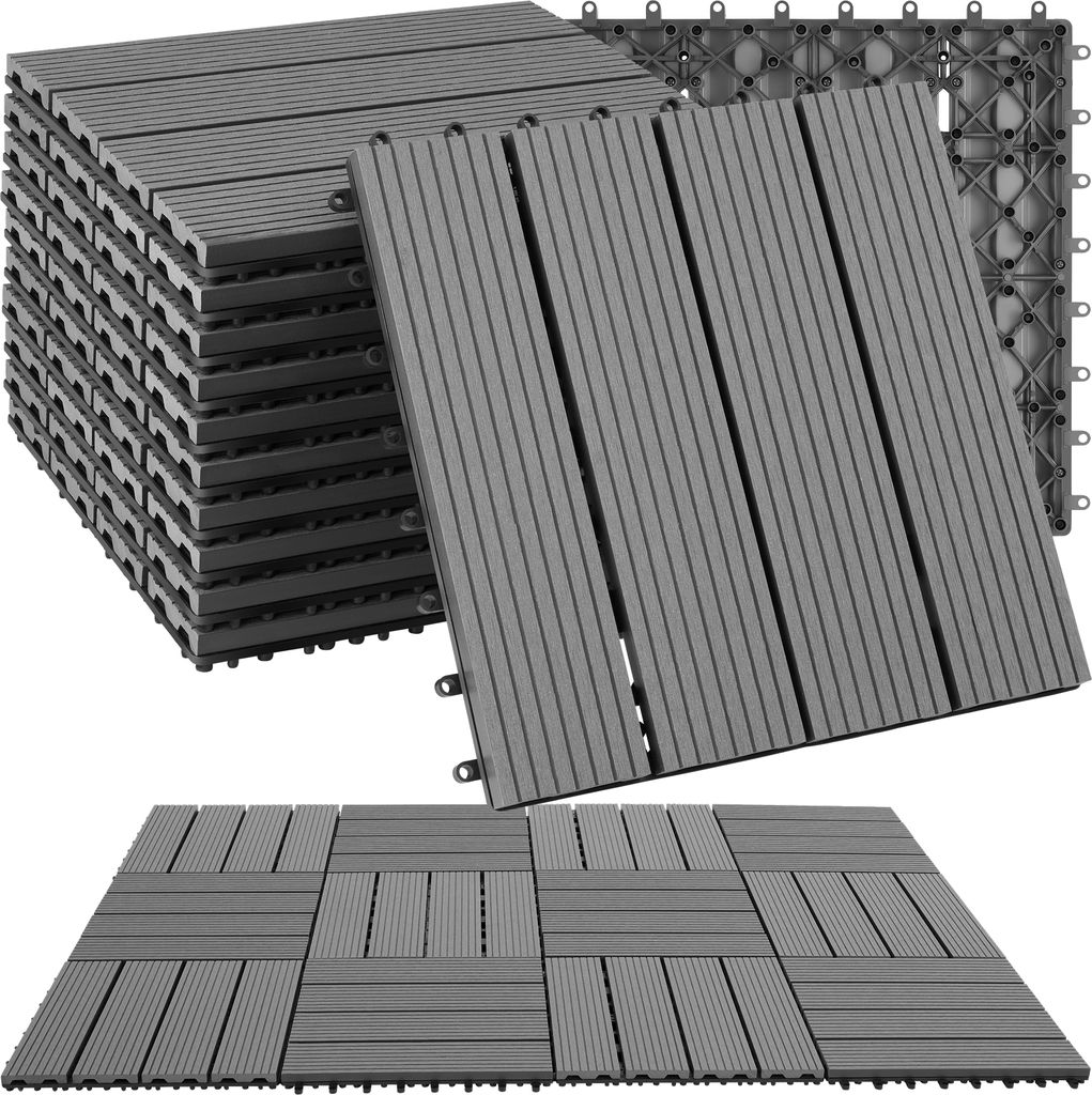 A stack of gray interlocking deck tiles and a few tiles laid out in a pattern.