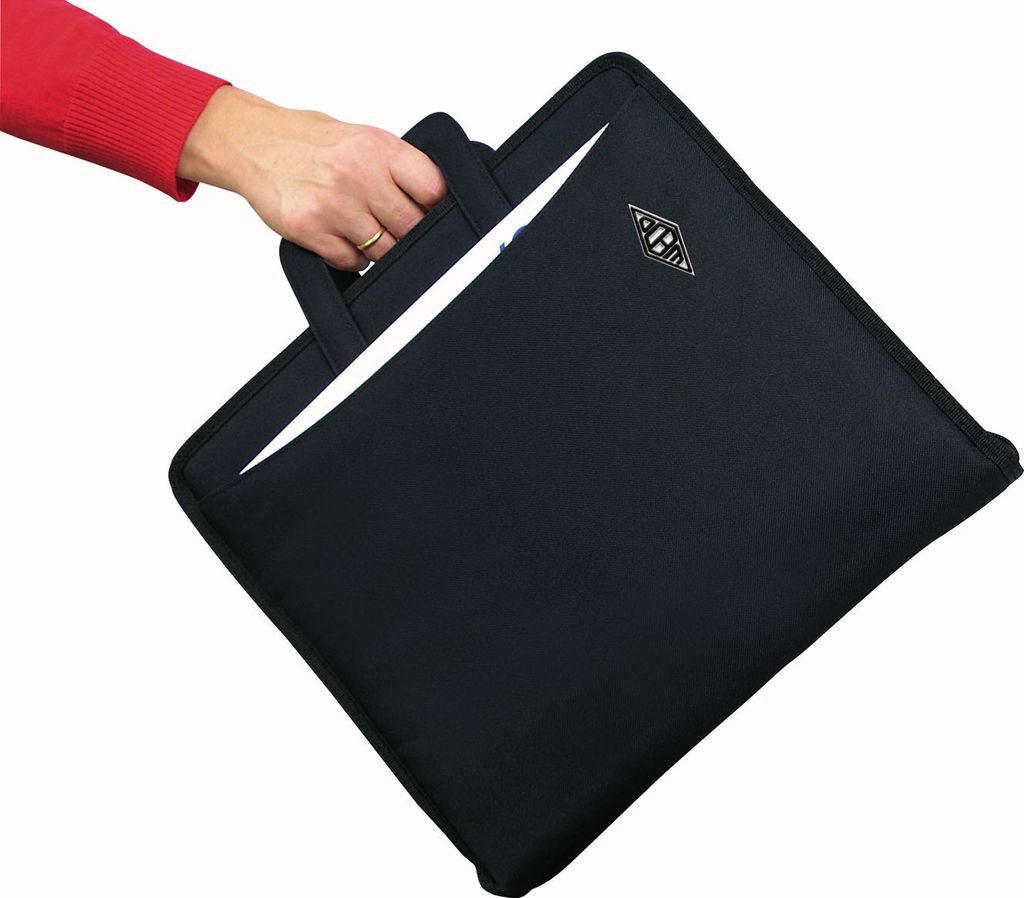 A hand holding a black folder with a white interior.