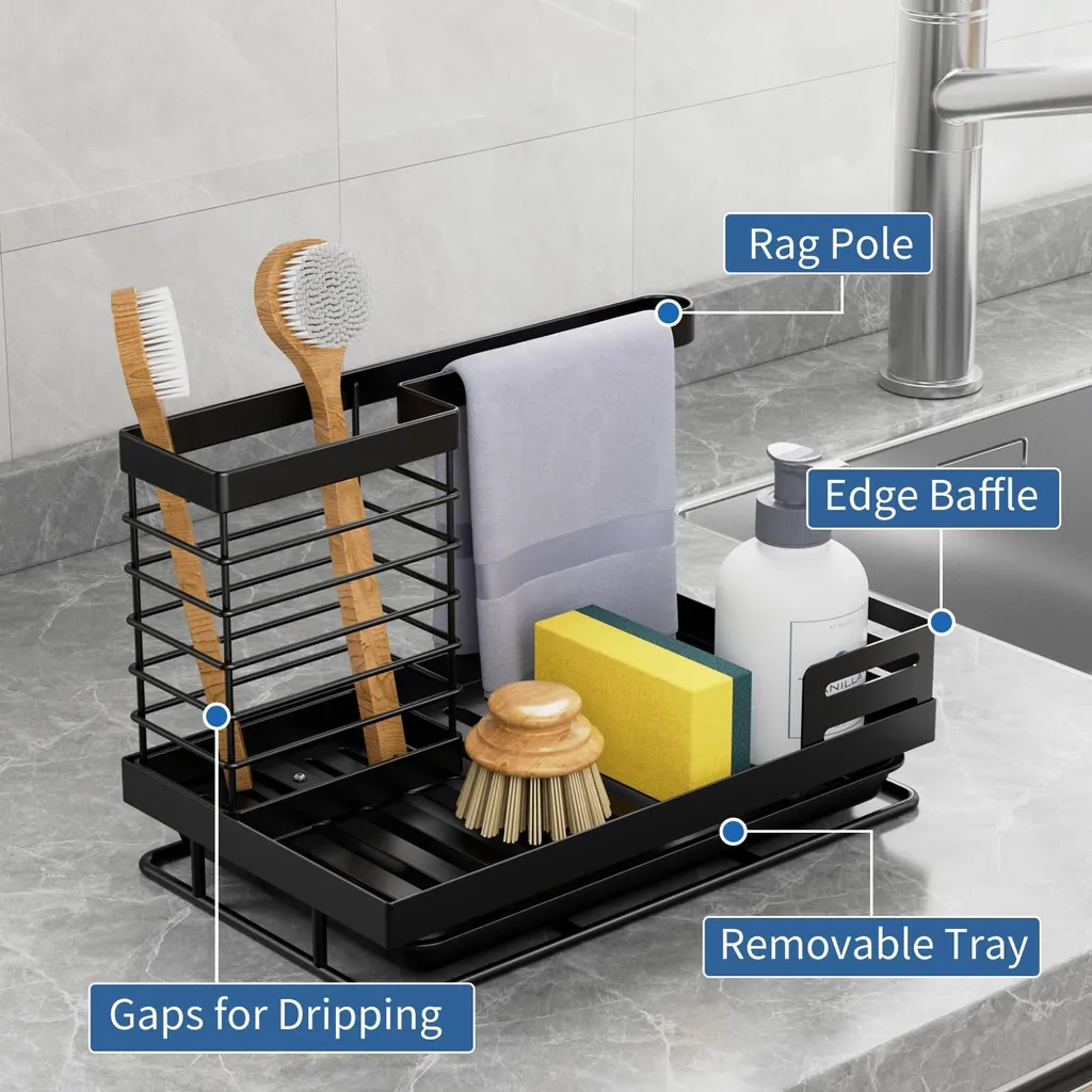 Rangement de cuisine pour évier, support compact pour brosse et éponge
