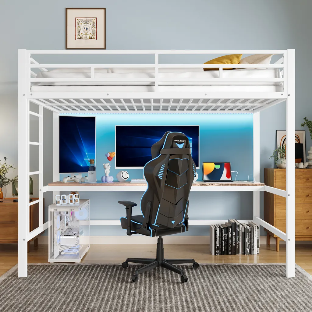 Flieks Lit superposé métal 90x200cm avec bureau et LED intégré, blanc