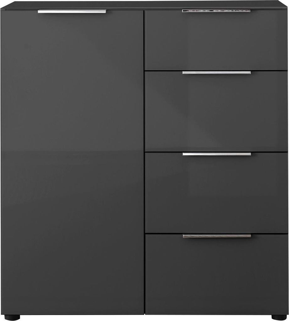Kommode - 90 x 99 cm - 1 Tür - 4 Schubladen - Anthrazitglas - Anthrazit matt