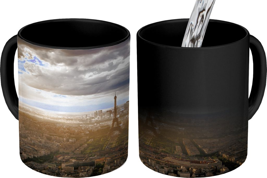 MuchoWow Zauber Tasse Zaubertasse Magic Schöne Skyline über Paris mit hellen Sonnenstrahlen, die den Eiffelturm beleuchten 350 ml Farbwechsel B...