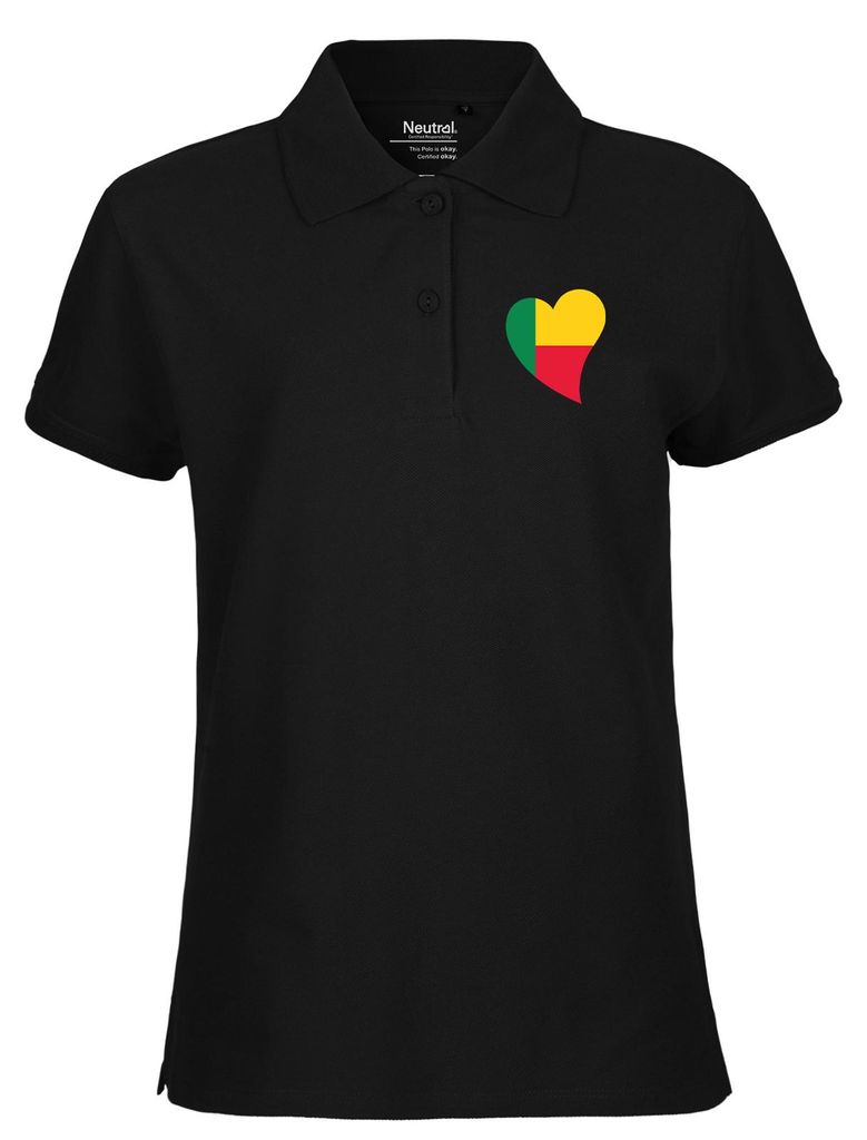Huuraa Damen Polo Shirt Benin Flagge Herz XXL Black Bio Baumwolle Fairtrade Poloshirt Geschenkidee