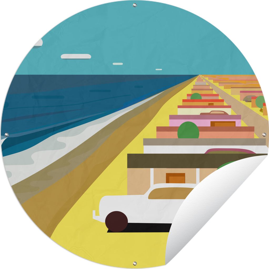 MuchoWow Gartenposter Outdoor-Poster Rund Illustration eines amerikanischen Autos in der Nähe von Strandhäusern Ø 90 cm Gartendeko Rundes Post...