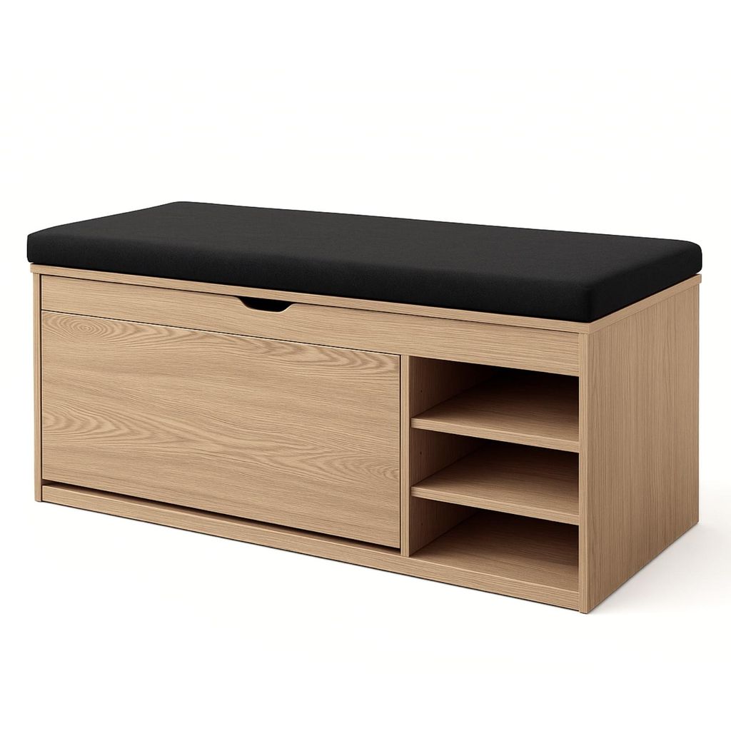 A shoe cabinet with a seat on top, shown against a white background.