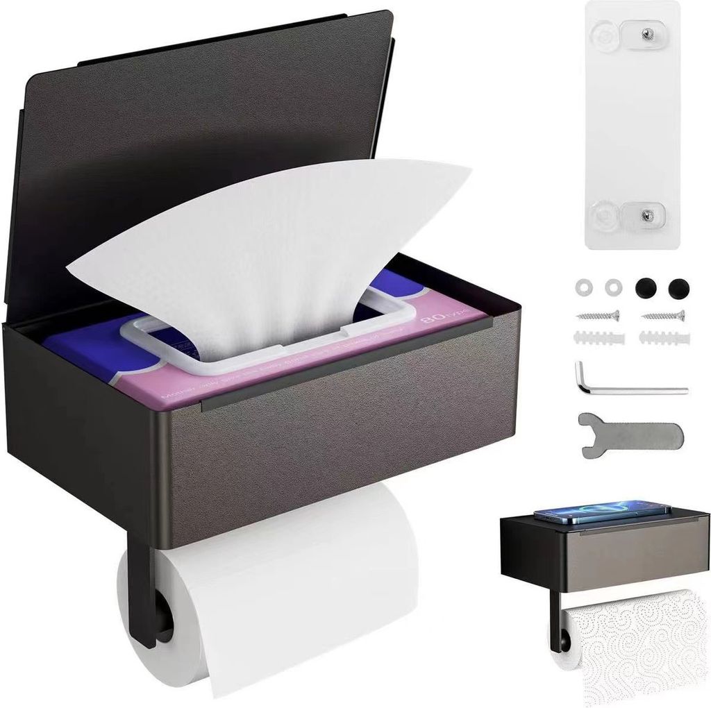 Toilettenpapierhalter Schwarz, Klopapierhalter Ohne Bohren mit Feuchttücherbox Klorollenhalter, Toilettenpapierhalter mit Ablage für Badezimmer, ...