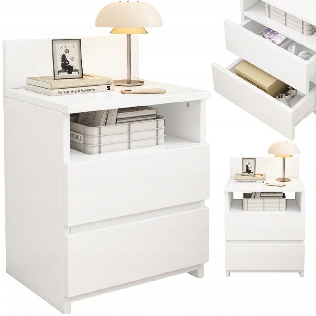Table de chevet blanche avec 2 tiroirs loft pour chambre à Image du produit 