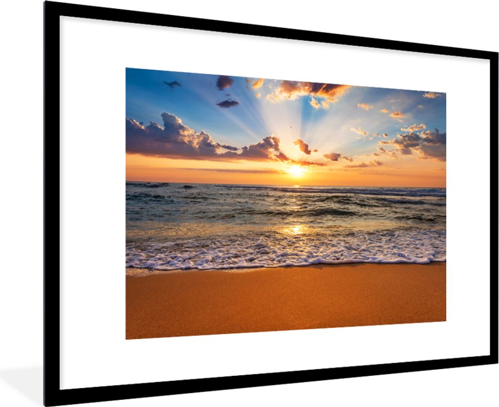 MuchoWow Gerahmtes Poster Strand - Sonnenuntergang - Meer - Wolken - Horizont 90x60 cm - Poster mit Schwarzem Bilderrahmen Wandposter Rahmen Foto...