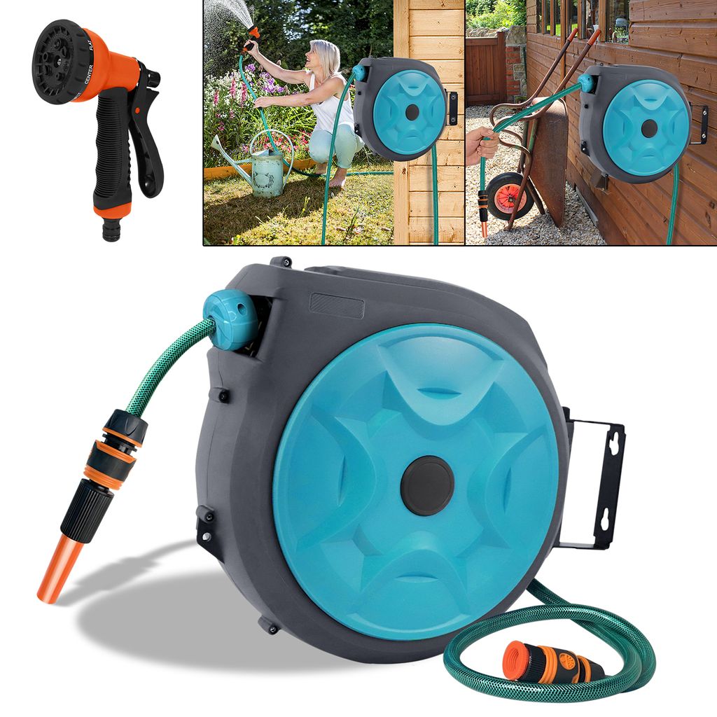 Pro 16m Schlauchtrommel Gartenschlauch Wasserschlauch Automatik Aufroller Blau # 
