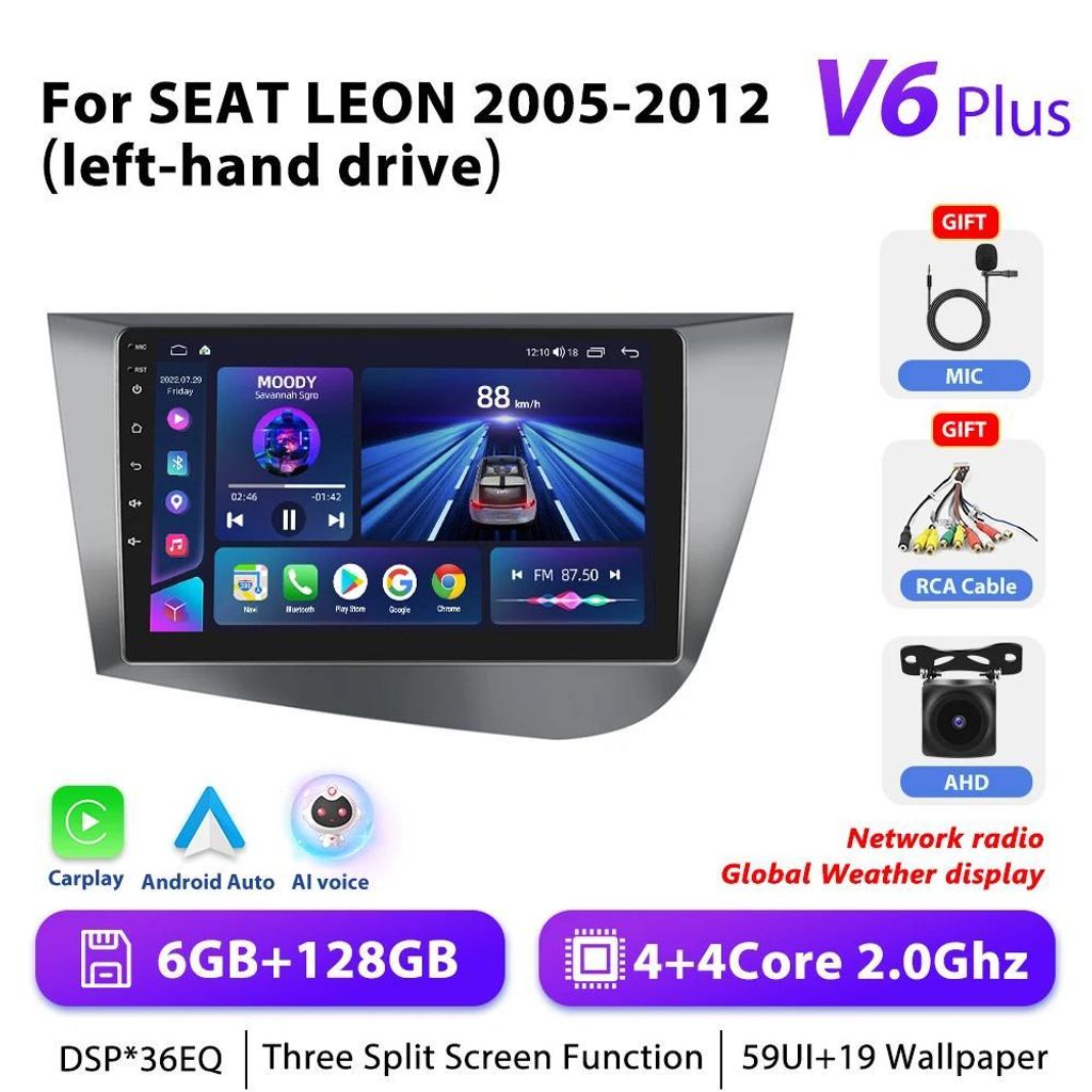Autoradio für Seat Leon 2005–2012 - 2-DIN Android 10 Multimediasystem - 23 cm Touchscreen - 6+128 GB - 2,0 GHz CPU - AHD-Kameraschnittstelle - GPS