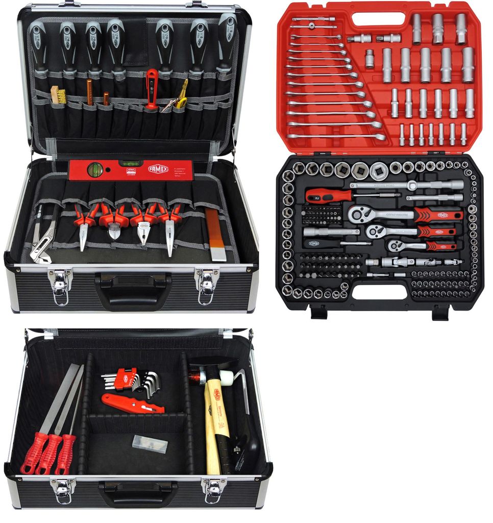 FAMEX 440-51 Profi Alu Werkzeugkoffer bestückt mit Werkzeug Set - Mechaniker Steckschlüsselsatz