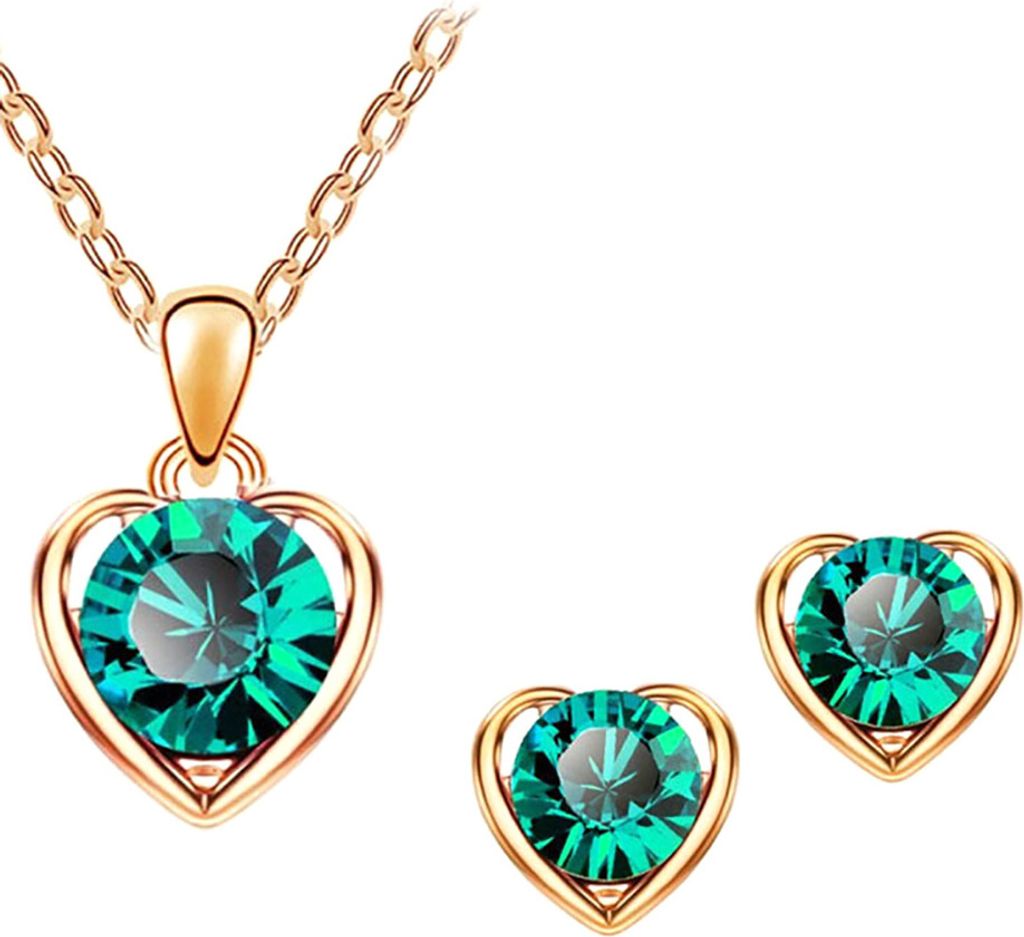 Frauen Strass Herz Anhänger Halskette Kette Ohrstecker Party Schmuck Set-Gold + Grün