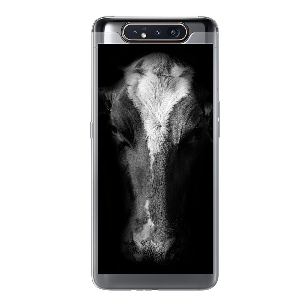 MuchoWow Handyhülle Schutzhülle Hülle für Samsung Galaxy A80 Kuh Porträt auf schwarzem Hintergrund in schwarz und weiß Silikon Softcase Han...