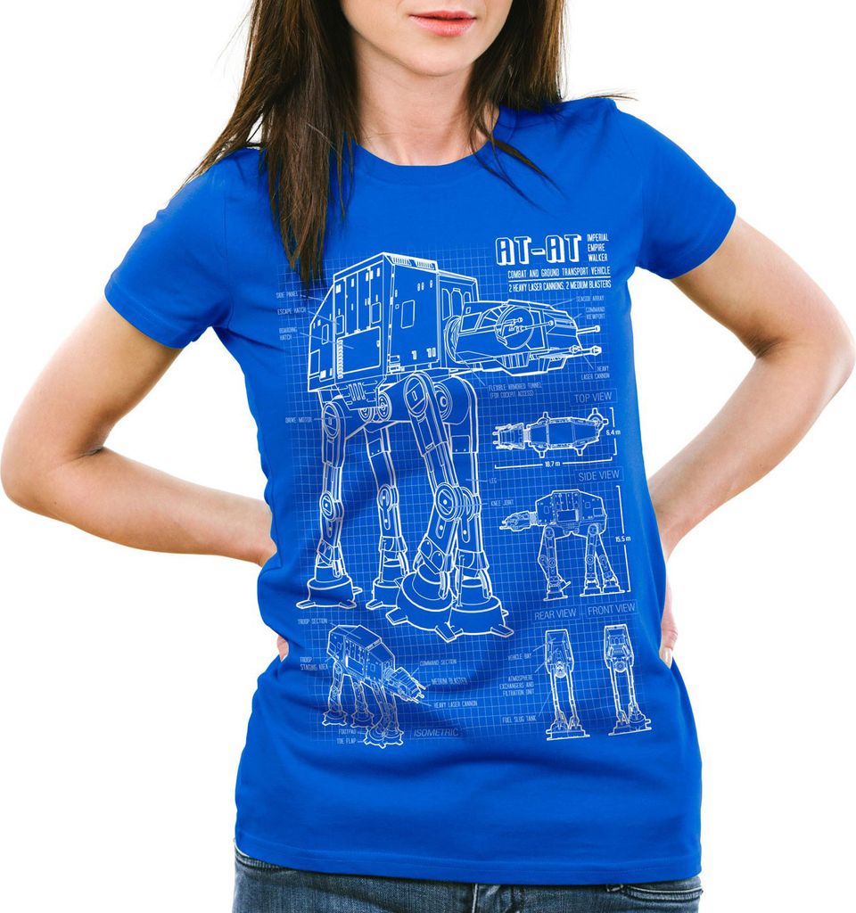 style3 AT-AT Damen T-Shirt blaupause walker imperium, Farbe:Blau, Größe:M