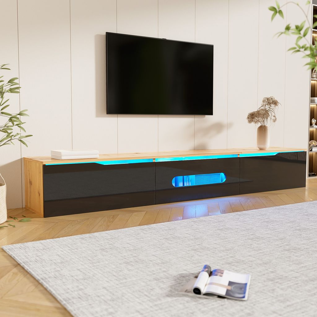 STILVORA Lowboard Fernsehschrank mit Hochglanzoberfläche,Beistellschrank mit 16-Farben-LED-Beleuchtung,Wandmontierbares Sideboard,Holzfarbe