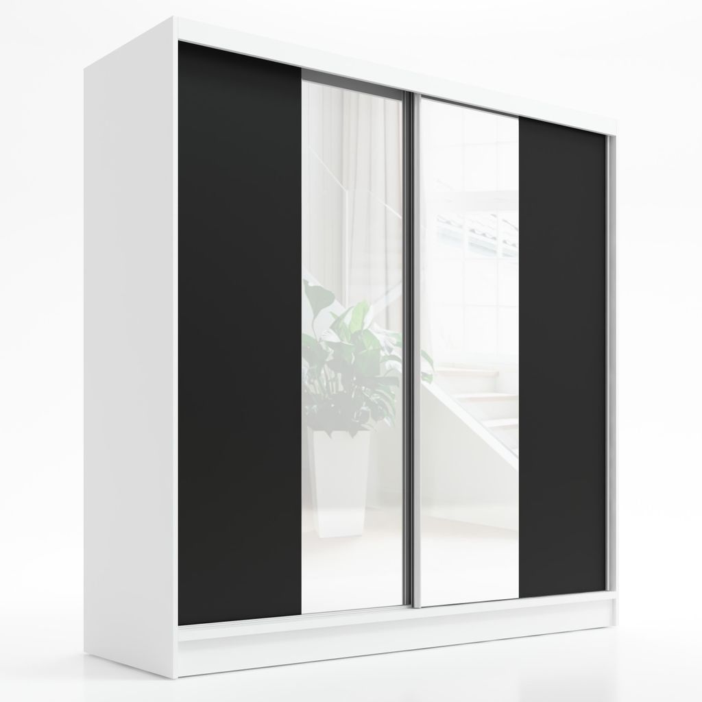 Schwebetürenschrank, 2-türig Schrank mit Spiegel SOLO 200 (Weiß , Schwarz)