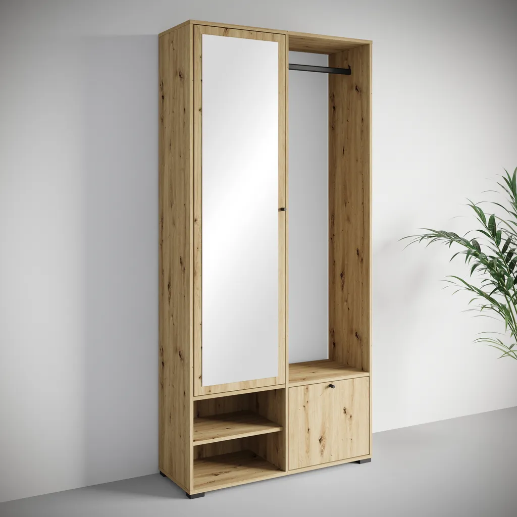 Meuble d'entrée 90 cm gain de place penderie DAFNI chêne et miroir