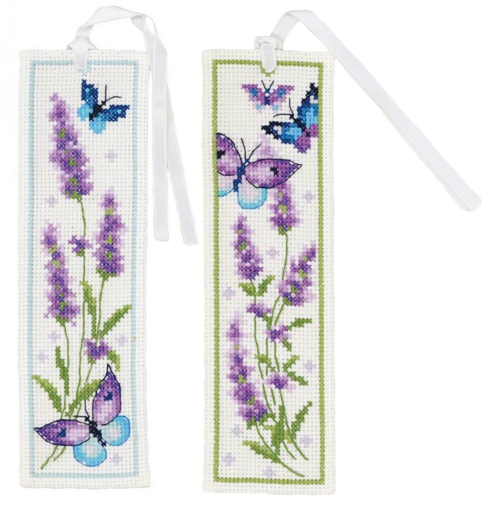 Vervaco Lesezeichen Kreuzstich Stickpackung "Lavendel und Schmetterlinge" 2er Set, Zählmuster, 6x20cm
