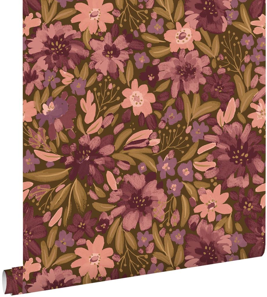 ESTAhome Tapete Blumen Graugrün und Lila 50 x 900 cm