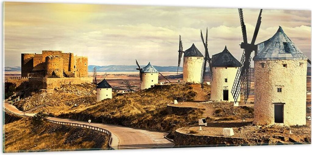 Bilder auf glas - Windmühle andalusien landschaft - 120x50cm - Glasbilder - Wandbilder - Kunstdruck - zum Aufhängen bereit - Wanddekoration aus G...