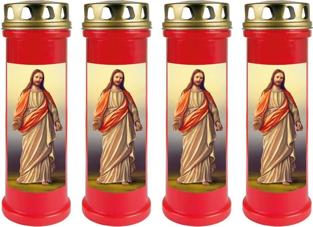 Grabkerze Rot 4er Pack, Brenndauer: 100 Stunden ( je Kerze ), Motiv: Jesus