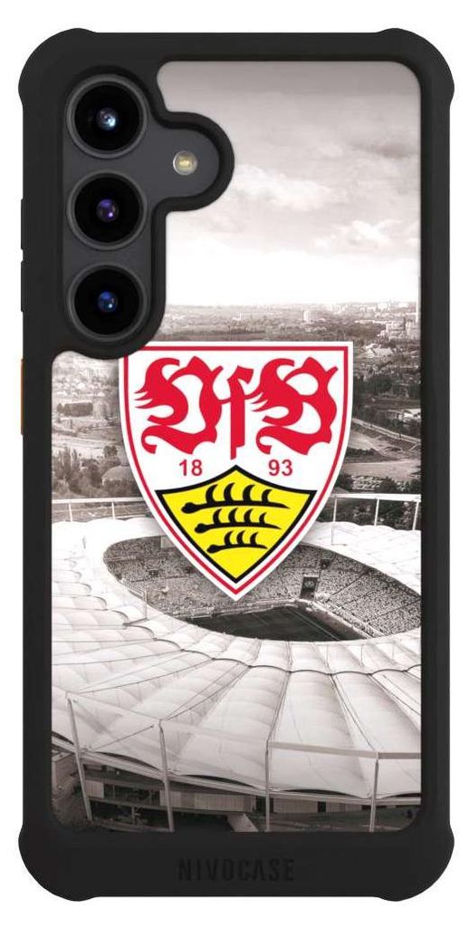 NIVOCASE Hülle für Samsung Galaxy S24 Stoßfeste Handyhülle NIVOmax Case Schwarz Offizielles Lizenzprodukt Stadion VfB Stuttgart