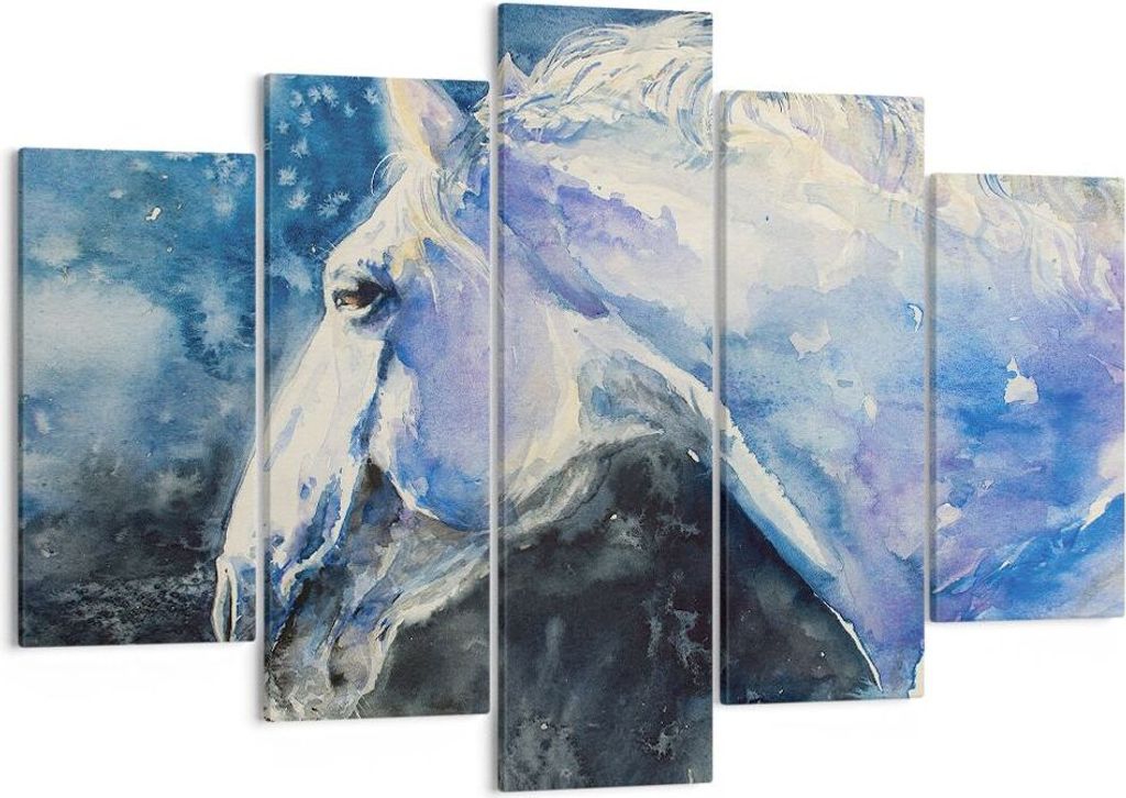 Bild auf Leinwand - Leinwandbild - 5 Teile - Pferd Aquarell Porträt - 150x100cm - Wand Bild - Wanddeko - Wandbilder - Leinwanddruck - Bilder - Wan...