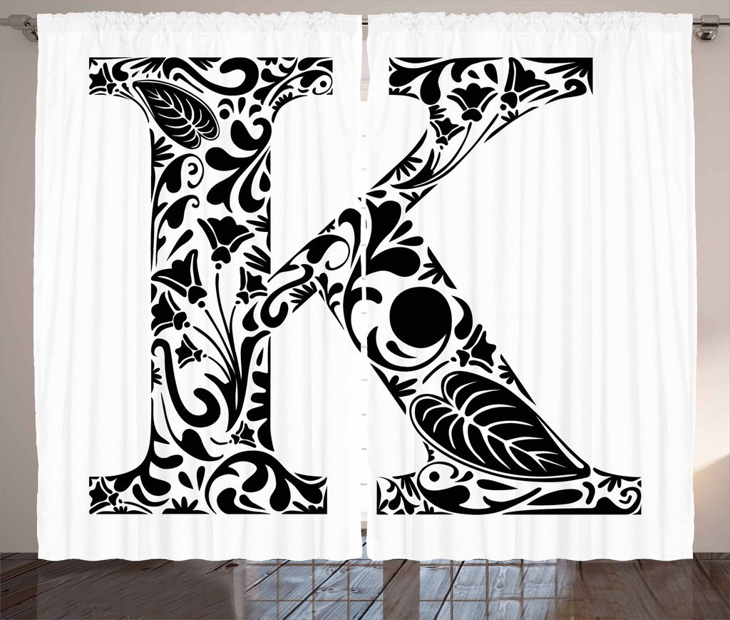 ABAKUHAUS Buchstabe K Rustikaler Gardine, Schwarze Silhouetten Kunst, Schlafzimmer Kräuselband Vorhang mit Schlaufen und Haken, 280 x 175 cm, Wei...
