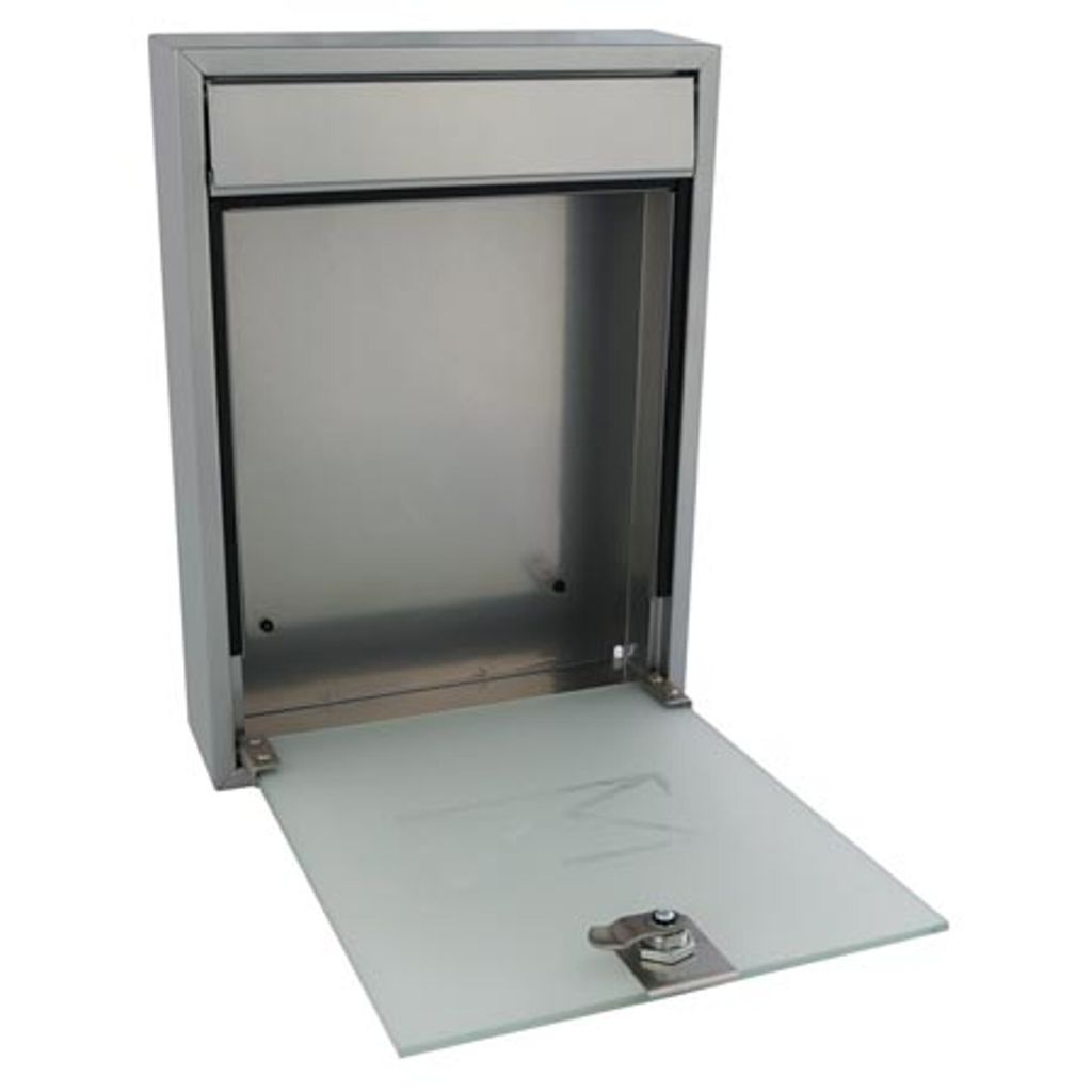 A silver mailbox with its door open, showing the interior.