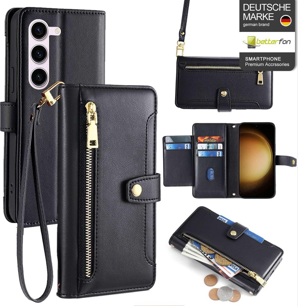 Handykette Samsung Hülle mit Band Handyhülle Kartenfächer Kunstleder Umhängetasche Galaxy S23+ Schwarz