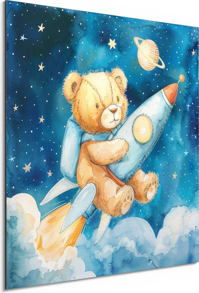 DEQORI Alu-Dibond Bild Weiß 50x50 cm 'Teddy auf Reisen' Wandbild Metall dünn Design