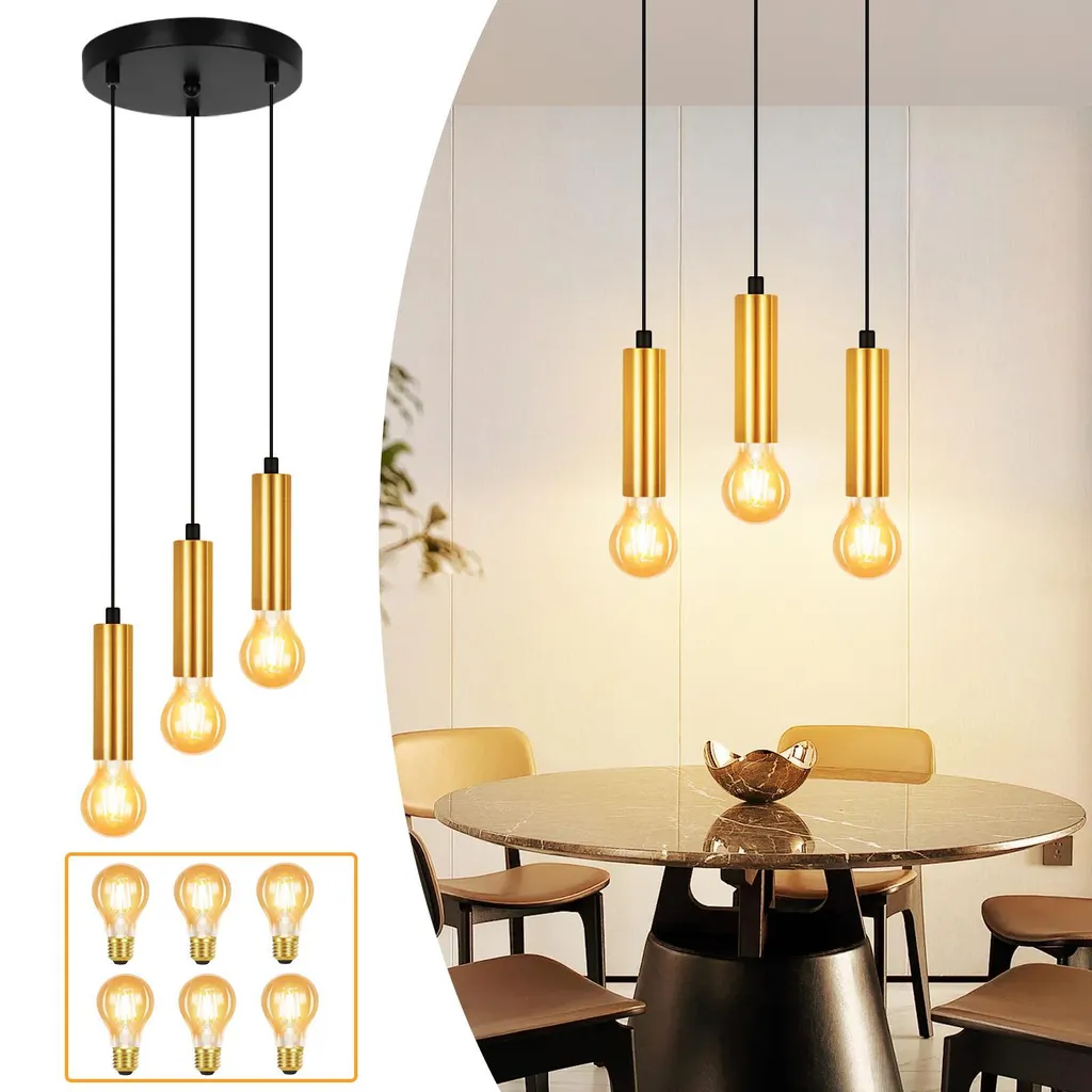 ZMH Lampada Pendente E27 3 Fiamme Industriale Oro Nero per Interni