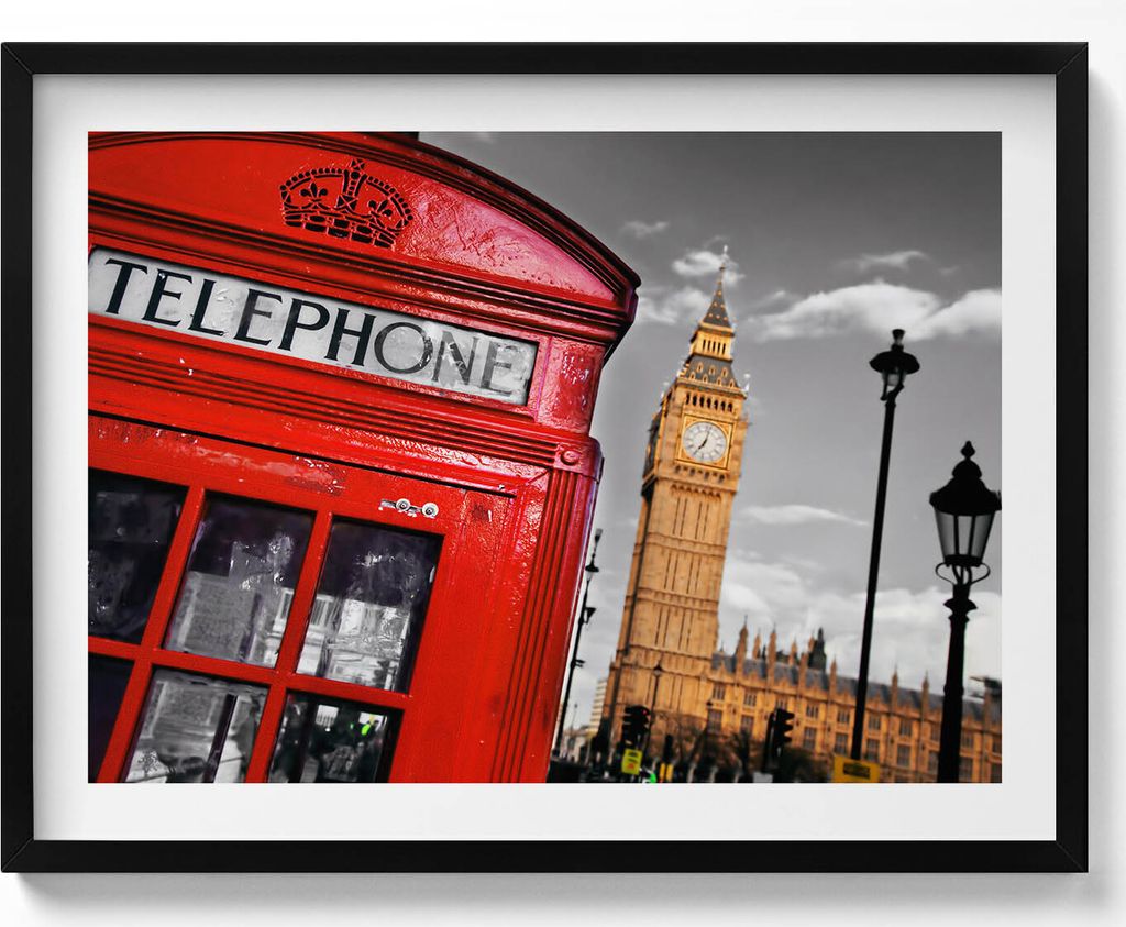 Telefonzelle und Big Ben - England– Wandbild mit Rahmen – Gerahmtes Bild – Wanddekoration – 80x60 cm – Schwarz Rahmen