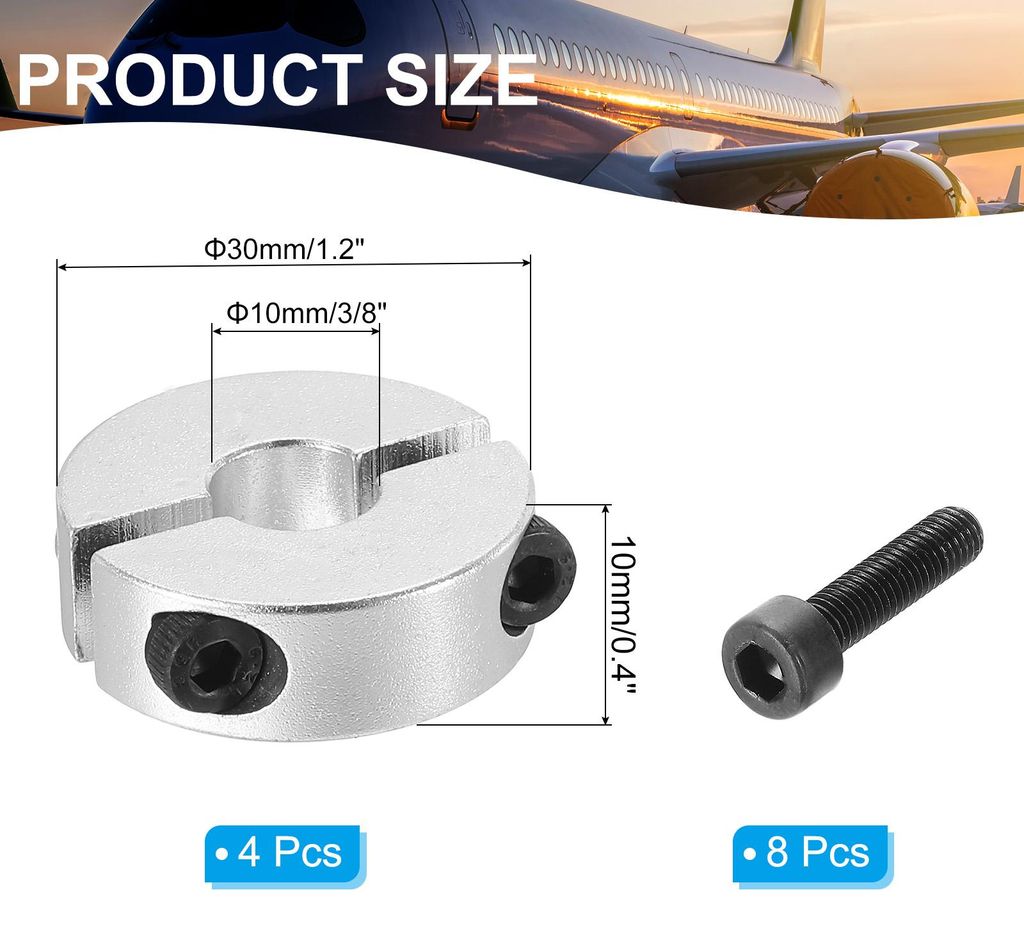 Geteilte Stellringe 10mm Langweilige 30mm OD 10mm Dicke, 4er-Pack Aluminiumlegierung Tiefenanschlagringe Klemm mit Gewindestift fš¹r die Maschine...