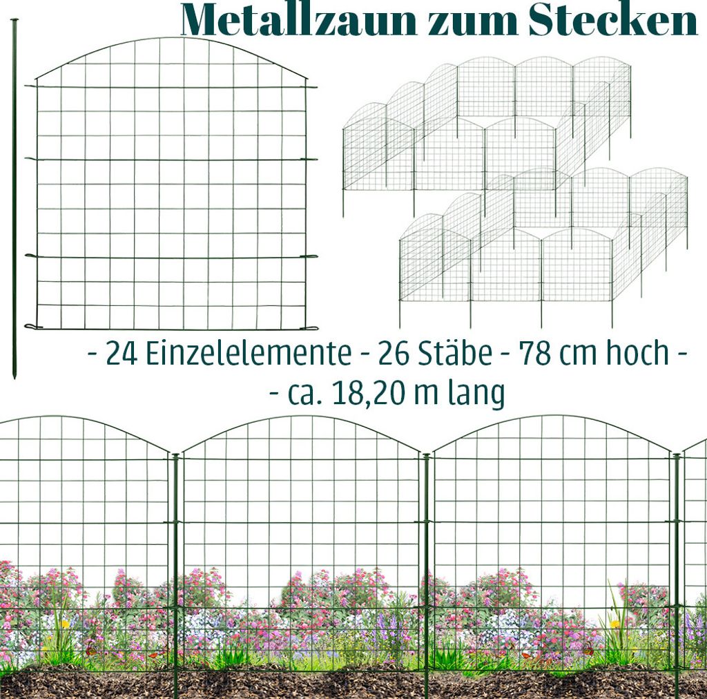 A diagram and illustration of a green metal garden fence with text describing its features and specifications.