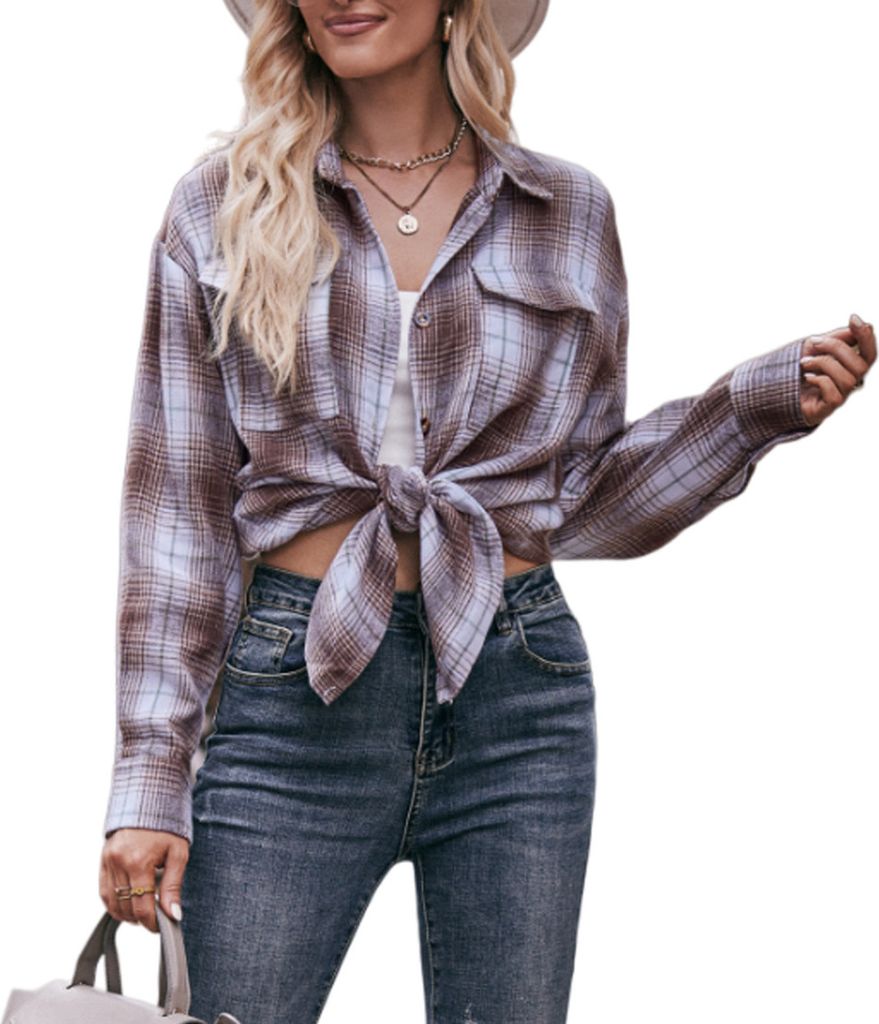 ASKSA Damen Karierte Bluse Casual Oversized Hemdbluse Langarmshirt Elegant Hemd Oberteile, Kaffee, 2XL