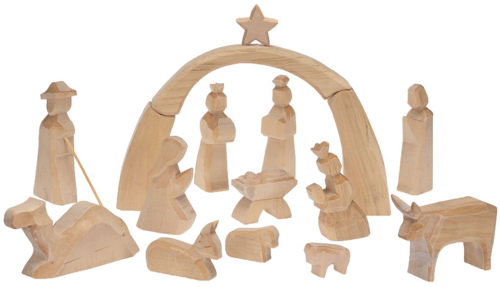 A wooden nativity scene with figures and animals.