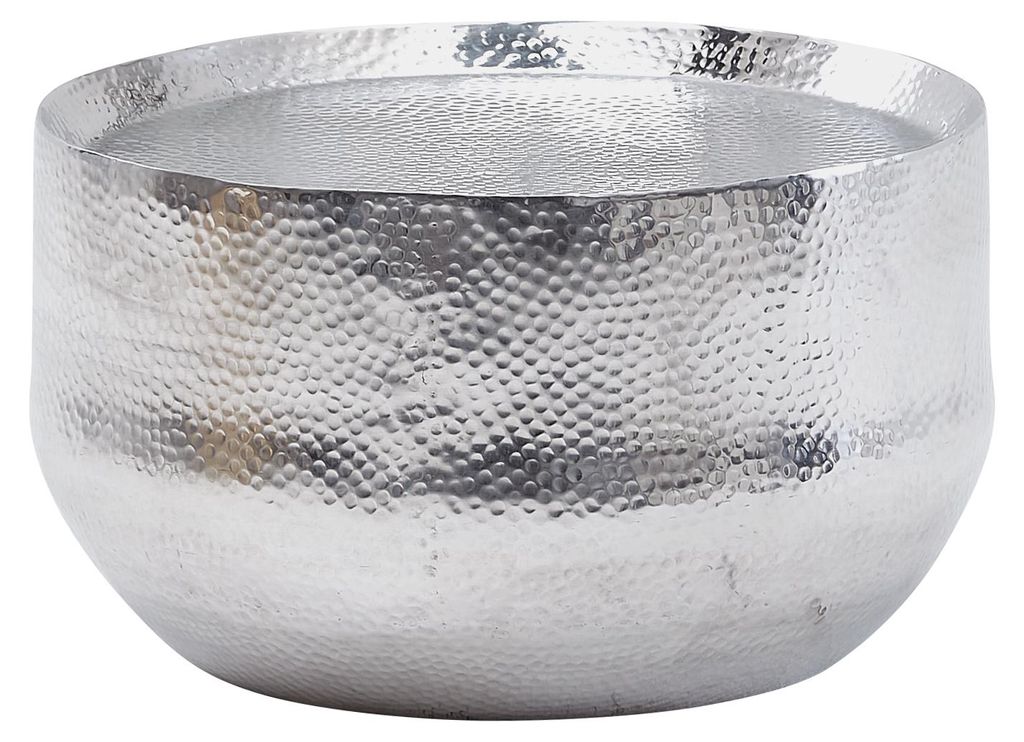 Couchtisch Hammerschlag Aluminium Rund 60x60x35cm Silber Orientalisch in Gesamtansicht mit gehämmerter Oberflächenstruktur.