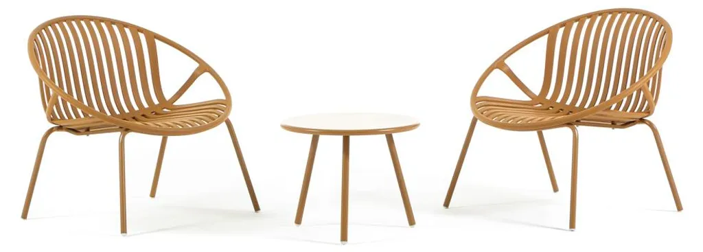 Ensemble salon de balcon avec fauteuils en fibre de verre coloris Ocre