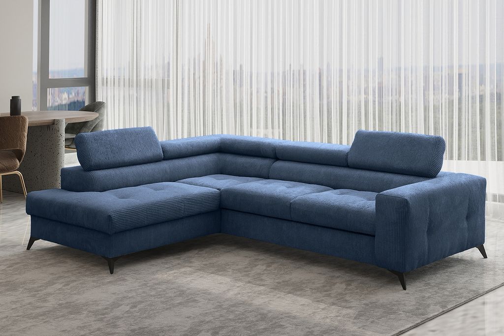 Kaiser Möbel Ecksofa mit schlaffunktion und bettkasten, Sofa L-form, Couch L-form Arcadi Dicker Cord Marineblau Links