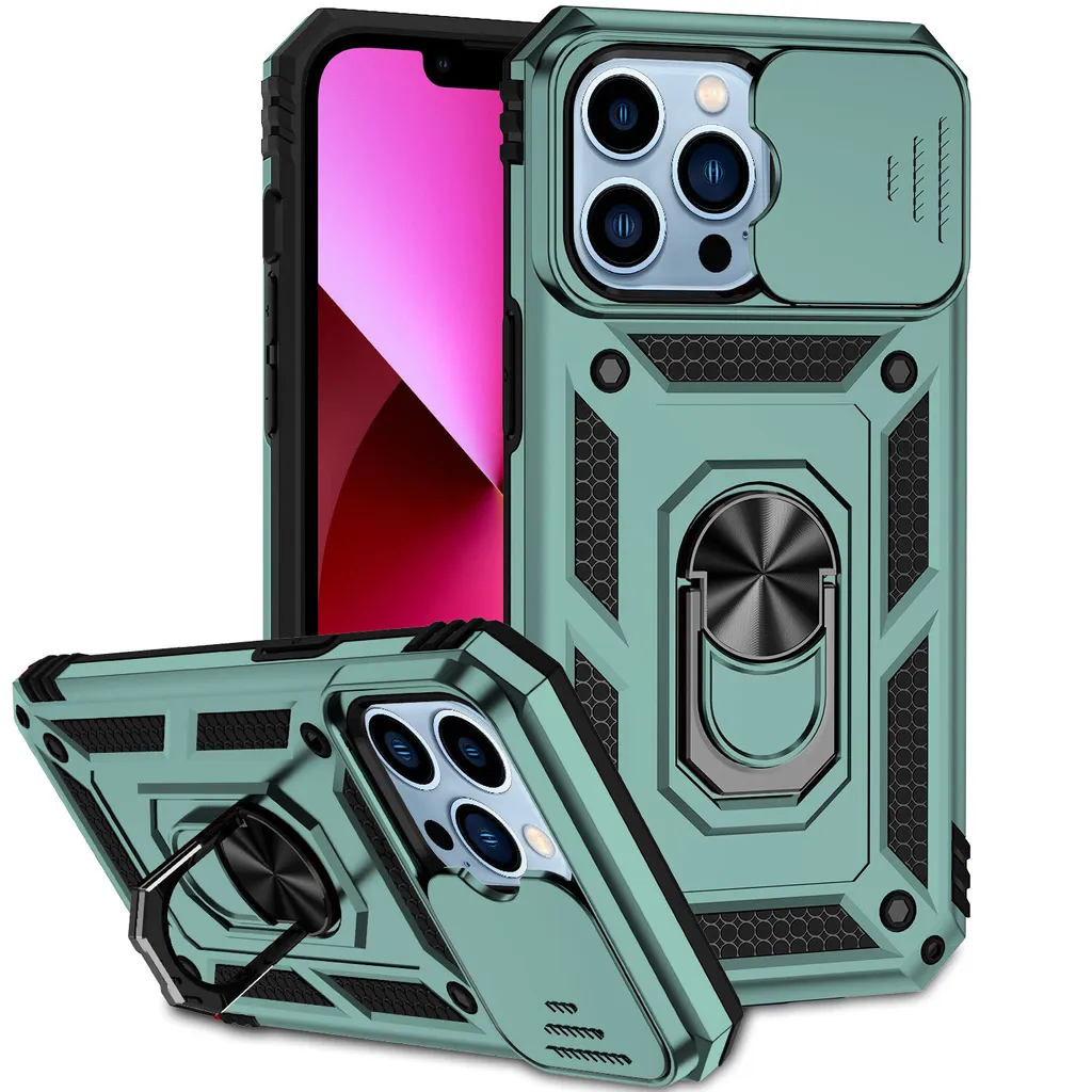Custodia per iPhone 13 Pro a doppio strato con copertura scorrevole per la fotocamera e supporto ad anello verde