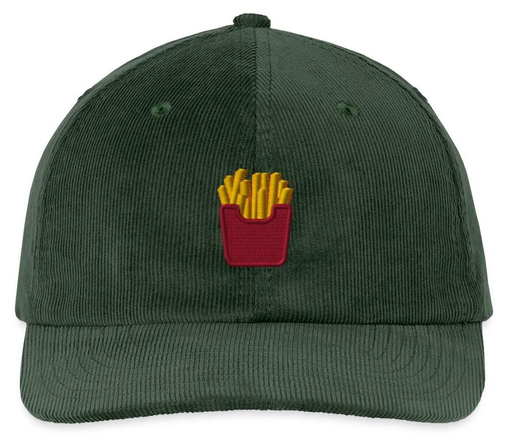 Spreadshirt Stickmotiv Pommes in Rotem Fizzer Beutel Bestickte Cord Cap, One size, Tannengrün