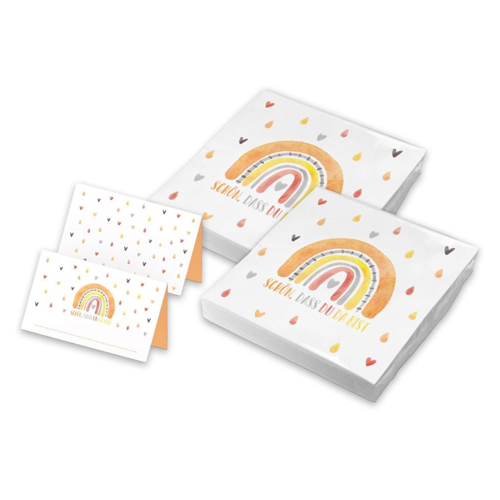 itenga 40x Servietten mit 48x Tischkarten Set - Schön dass du da bist - Regenbogen
