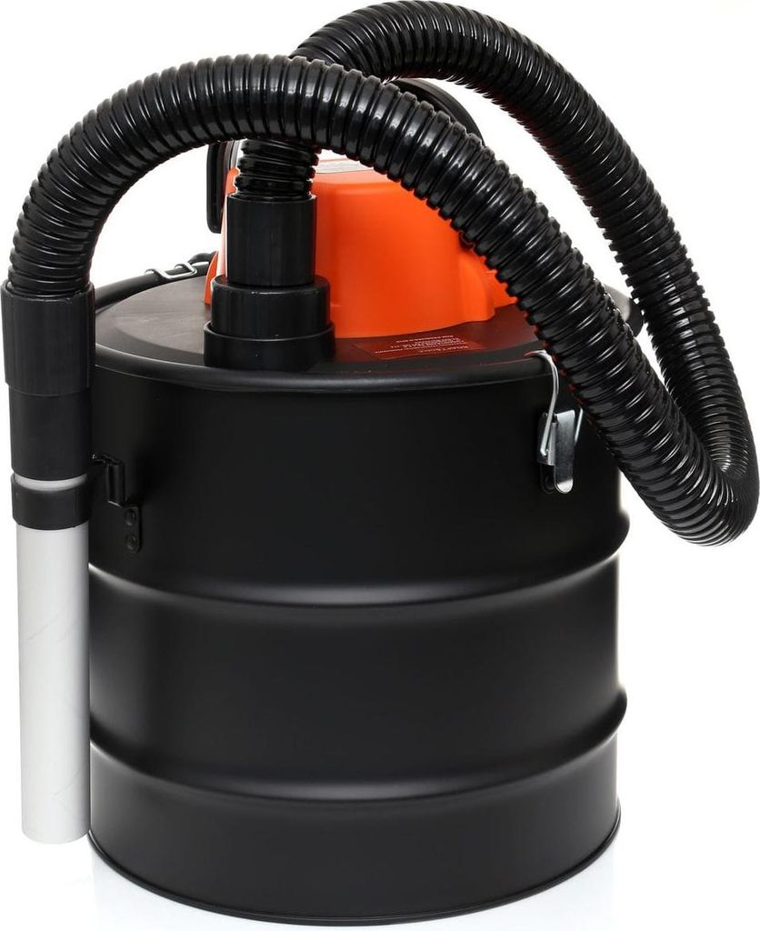 A black metal ash vacuum cleaner with an orange top and a black hose is shown against a white background.