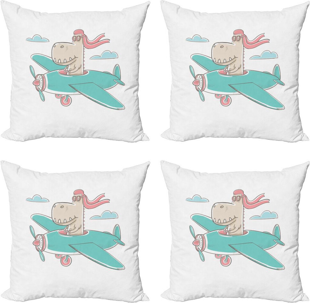 ABAKUHAUS Dinosaurier Kissenbezug Set (4 Stück), Dinosaurier in Flugzeug, Moderner Doppelseitiger Digitaldruck, 40 cm x 40 cm, Turquoise Eggshell