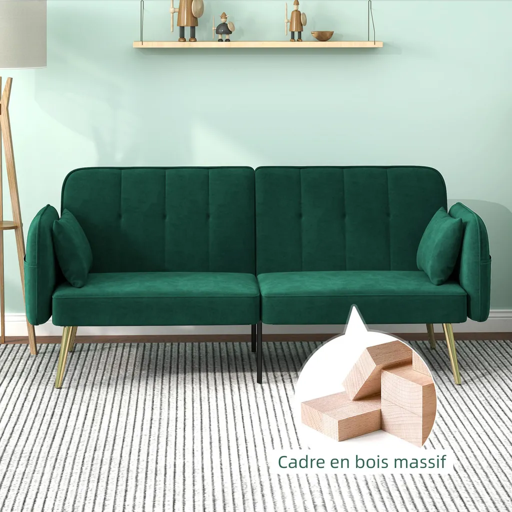 Canapé convertible gain de place : lit d'appoint 2 places velours vert - 9