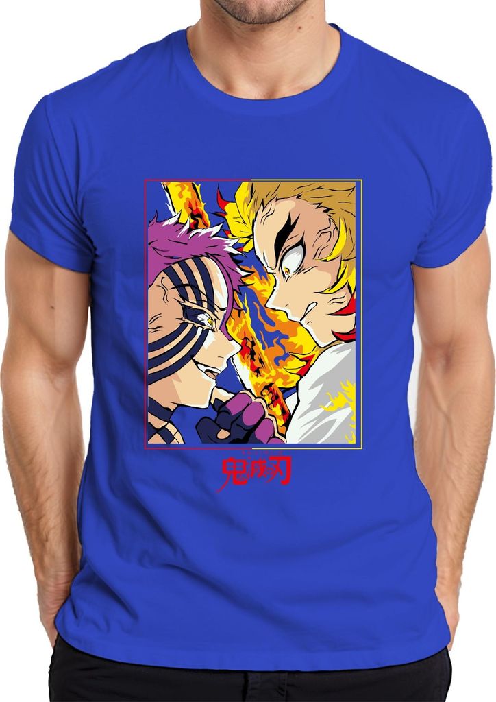 Demon Slayer Rengoku vs Akaza Flammen Kampf Anime Manga Geschenk Herren T-Shirt, Blau, XL