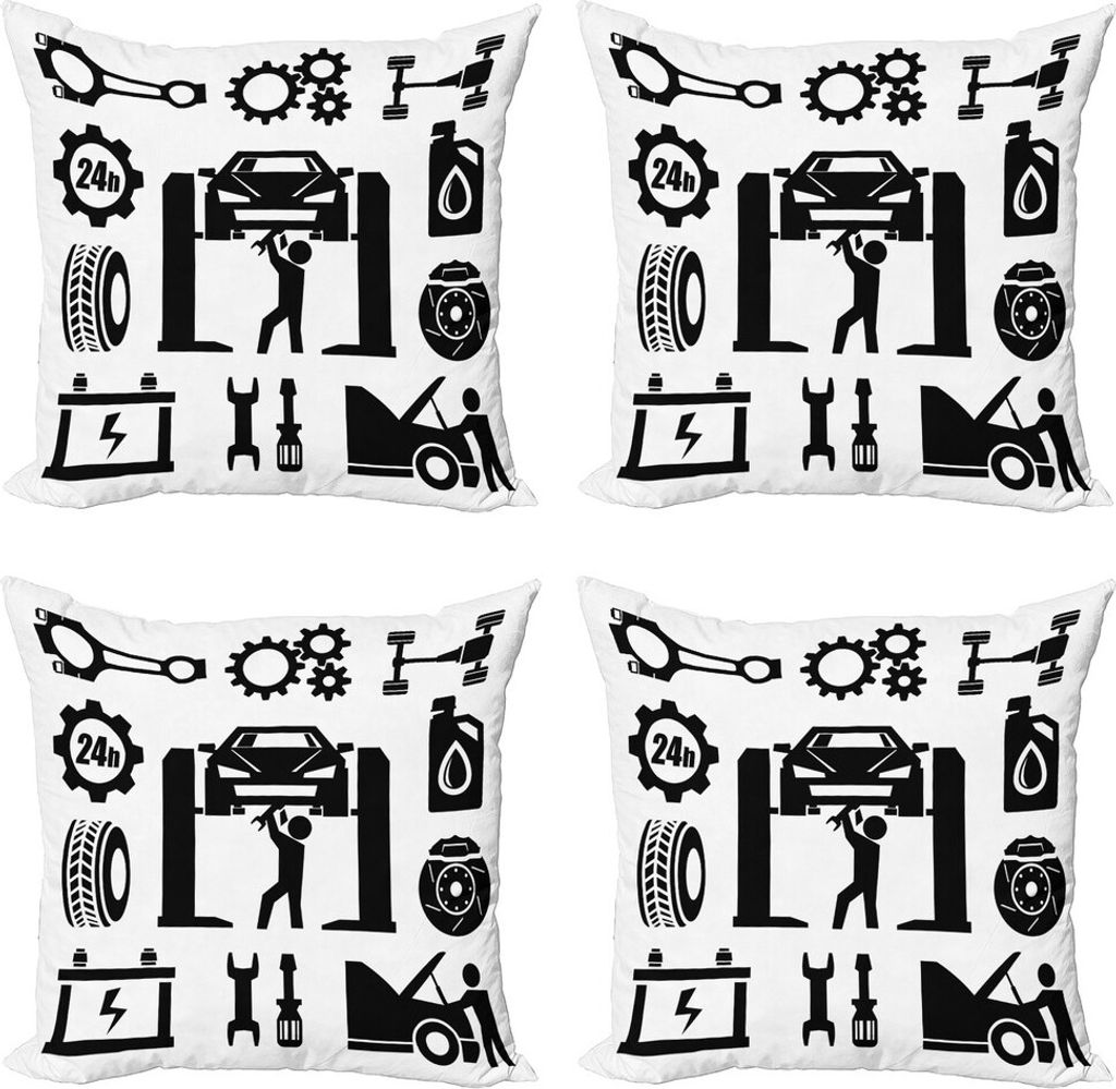 ABAKUHAUS Automechaniker Kissenbezug Set (4 Stück), Auto-Reparatur, Moderner Doppelseitiger Digitaldruck, 60 cm x 60 cm, Charcoal Grau Weiß