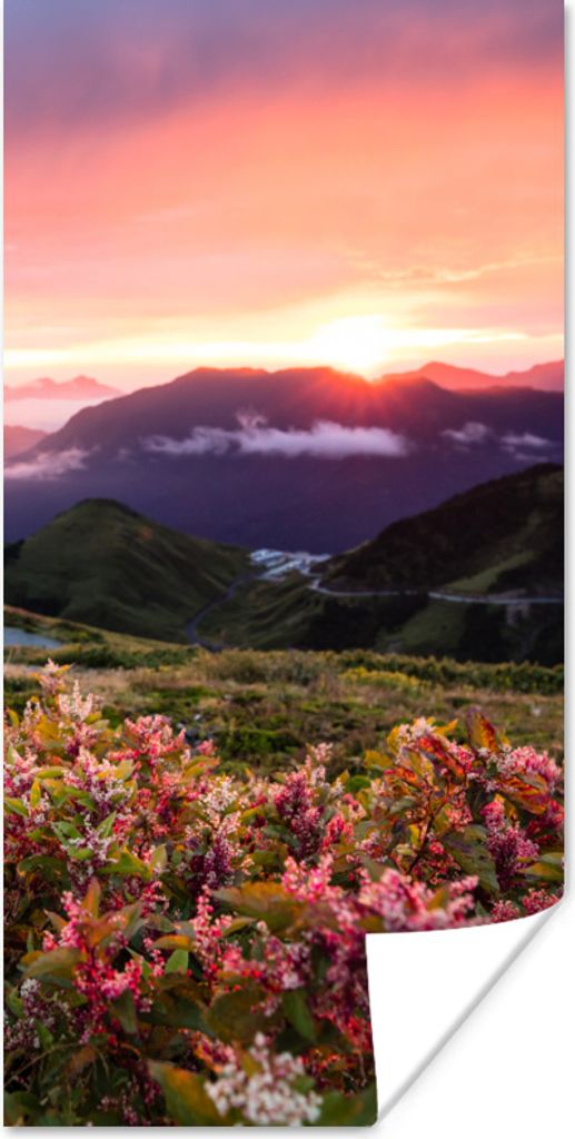 MuchoWow Poster Blumen - Berge - Landschaft - Nacht - Himmel - Rosa 75x150 cm - Dekoration für die Wände