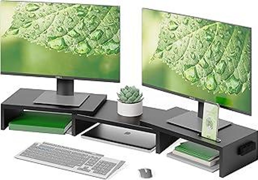 BONTEC Monitorständer Holz, Dual Monitor Stand Riser mit Handyhalter, Verstellbare Länge und Schwenkwinkel, Ergonomischer Monitorständer für 2 ...